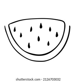 Vector illustration. Cute unpainted piece of watermelon with seeds isolated on white. Hand drawn simple doodle clipart. Summer tropical fruit. Perfect for menu, coloring book, poster, food banner.