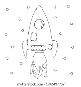 Vector-Abbildung. Die unbemalte Rakete, die zwischen den Sternen fliegt, ist auf weißem Hintergrund isoliert. Handgezeichneter einfacher Doodle-Clipart. Thema Raum und astronomisch. Für Poster, Banner, Karten.
