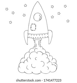 Vector illustration. Cute unpainted taking off rocket and stars isolated on white background. Hand drawn simple doodle clipart. Theme of space and astronomical. For posters, banners, cards.