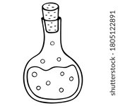Vector illustration. Cute unpainted vessel with potion and bubbles isolated on white. Mystic, halloween theme. Hand drawn simple doodle clipart in a trendy minimalism style. For banner, logo, pattern.