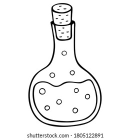 Vector illustration. Cute unpainted vessel with potion and bubbles isolated on white. Mystic, halloween theme. Hand drawn simple doodle clipart in a trendy minimalism style. For banner, logo, pattern.