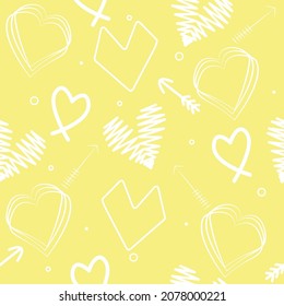  Ilustración vectorial de una adorable decoración en forma de corazón del día de San Valentín en fondo amarillo. Patrón con corazones lindos. Diseño de papel, cubierta, tela y decoración interior. Rapport for Textile, Fabric. 
