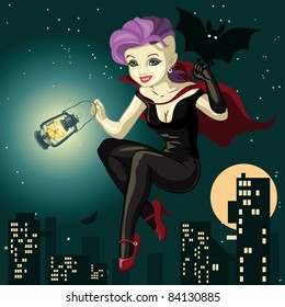 Vector illustration, cute vampire girl, card concept.