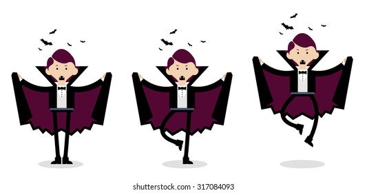 Vector illustration of the cute vampire in the Halloween night.
Image with three different positions of the vampire standing with spread cape.
Dracula in standing and flying position. 