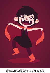 Vector illustration of a cute vampire holding her cape in a scary pose.