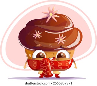 Vector illustration of a cute vanilla cupcake covered in chocolate, dressed in a cozy winter scarf and boots. Perfect for holiday designs, winter-themed projects, packaging, or children’s illustration