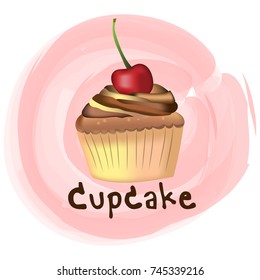 Vector and illustration of cute vanilla cupcake with chocolate whipping cream decorated topping in hand drawing and water color painting style with cute cupcake word on pink pastel background