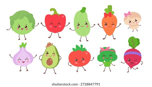 Vector illustration of cute vegetables with smiling faces and accessories. Flat isolated food characters object set.