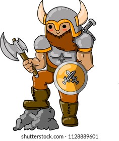 

vector illustration of a cute viking. The barbarian stands on a rock with an ax and shield. 