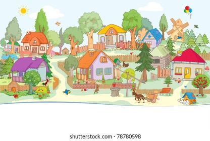 Vector illustration, cute village, card concept.