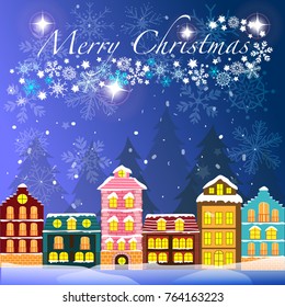 Vector and illustration of cute village in snow town and Christmas tree forest with snow fall, snowflake, snow ball on shiny star and blue sky background for Christmas, Winter and New year concept 