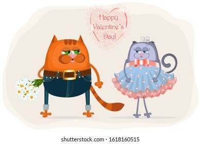 Vector Illustration Of Cute Vintage Cartoon Cats Characters Red Boyfriend Cat Is Giving Flowers His Girlfriend Cat On Valentine’s Day Isolated On White Background For Your Design