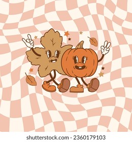 Vector illustration with cute vintage characters. Autumn pumpkin, leaves and stars. Perfect for logo or card design.