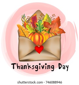 Vector and illustration of cute vintage hand drawing and painting of envelope with Thanksgiving day theme inside, pumpkin, maple leaves and winter forest leaves on pastel watercolor background 