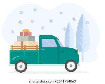 Vector illustration of a cute vintage pickup truck carrying colorful gift boxes. Festive and cheerful design perfect for holiday cards, birthday invitations, Christmas decor, or seasonal promotions. 