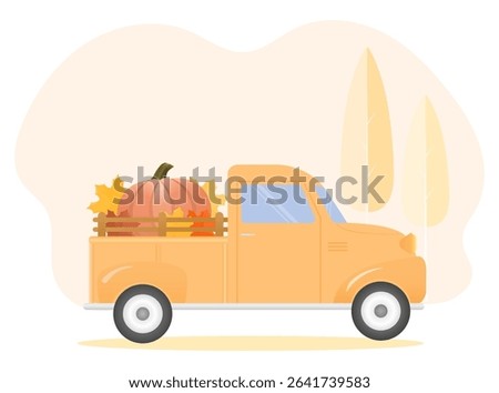 Vector illustration of a cute vintage pickup truck loaded with pumpkins. Cozy and colorful fall design, perfect for Thanksgiving, autumn decor, harvest festivals, seasonal cards, or Halloween