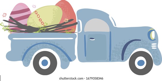 Vector illustration of a cute vintage truck carrying Easter eggs