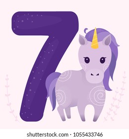 Vector illustration with cute violet unicorn and number 7. Learn numbers. Prints, templates, design elements for greeting cards, invitation cards, postcards.