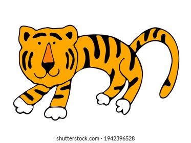 Vector illustration, cute walking tiger. Wild animal. Symbol of 2022. cute animal character idea for child and kid printable stuff and t shirt, greeting card, nursery wall art, postcard
