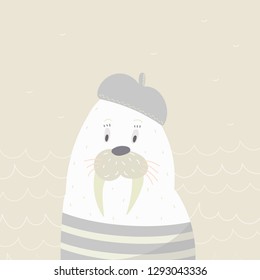 Vector illustration of cute walrus in a beret. Modern design for postcard, invitation, nursery poster print. 