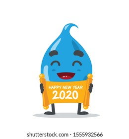 vector illustration of cute water drop mascot or character, holding scroll paper says happy new year in white background