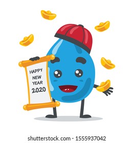vector illustration of cute water drop mascot or character, with china hat and celebration in new year party, in white background