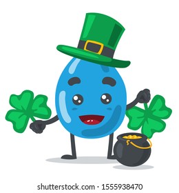 vector illustration of cute water drop mascot or character, wearing shamrock costume and holding clover in white background