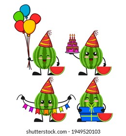 vector illustration of cute watermelon fruit happy birthday theme bundle set. cute watermelon fruit Concept White Isolated. Flat Cartoon Style Suitable for Landing Page, Banner, flyer, Sticker.