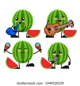 vector illustration of cute watermelon fruit playing music theme bundle set. cute watermelon fruit Concept White Isolated. Flat Cartoon Style Suitable for Landing Page, Banner, flyer, Sticker.