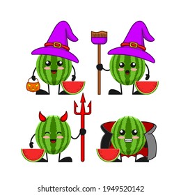 vector illustration of cute watermelon fruit halloween theme bundle set. cute watermelon fruit Concept White Isolated. Flat Cartoon Style Suitable for Landing Page, Banner, flyer, Sticker.