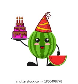 vector illustration of cute watermelon fruit birthday or character holding cake. cute watermelon fruit Concept White Isolated. Flat Cartoon Style Suitable for Landing Page, Banner, Flyer, Sticker.