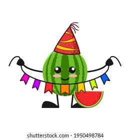 vector illustration of cute watermelon fruit birthday or character holding color ribbon. cute watermelon fruit Concept White Isolated. Flat Cartoon Style Suitable for Landing Page, Banner, Sticker.