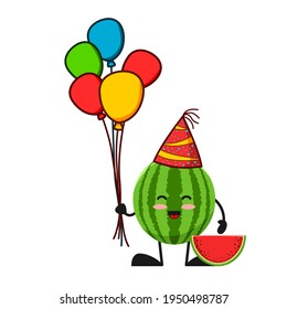 vector illustration of cute watermelon fruit birthday or character holding balloon. cute watermelon fruit Concept White Isolated. Flat Cartoon Style Suitable for Landing Page, Banner, Flyer, Sticker.