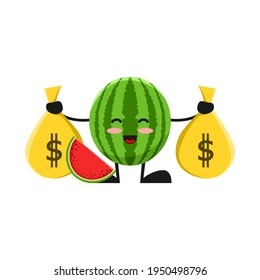 vector illustration of cute watermelon fruit business or character holding money sack. cute watermelon fruit Concept White Isolated. Flat Cartoon Style Suitable for Landing Page, Banner, Sticker.