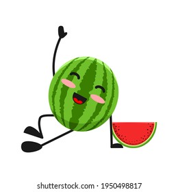 vector illustration of cute watermelon fruit meditation or character hand up leg relax. cute watermelon fruit Concept White Isolated. Flat Cartoon Style Suitable for Landing Page, Banner, Sticker.
