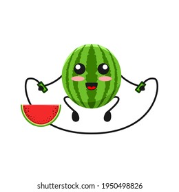 vector illustration of cute watermelon fruit sport or character play jump rope. cute watermelon fruit Concept White Isolated. Flat Cartoon Style Suitable for Landing Page, Banner, Flyer, Sticker.