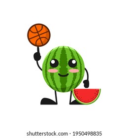 vector illustration of cute watermelon fruit sport or character play basket ball. cute watermelon fruit Concept White Isolated. Flat Cartoon Style Suitable for Landing Page, Banner, Flyer, Sticker.