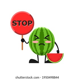 vector illustration of cute watermelon fruit choice or character sign stop. cute watermelon fruit Concept White Isolated. Flat Cartoon Style Suitable for Landing Page, Banner, Flyer, Sticker.