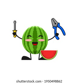 vector illustration of cute watermelon fruit service or character holding pliers screwdriver. cute watermelon fruit Concept White Isolated. Flat Cartoon Style Suitable for Landing Page, Sticker.