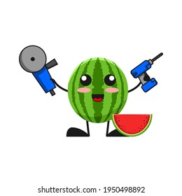 vector illustration of cute watermelon fruit service or character holding grinder drill. cute watermelon fruit Concept White Isolated. Flat Cartoon Style Suitable for Landing Page, Banner, Sticker.