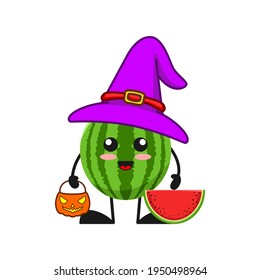 vector illustration of cute watermelon fruit halloween or character witch pumpkin. cute watermelon fruit Concept White Isolated. Flat Cartoon Style Suitable for Landing Page, Banner, Flyer, Sticker.