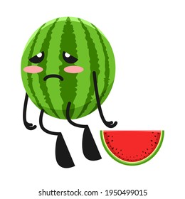 vector illustration of cute watermelon fruit expression or character tired sad. cute watermelon fruit Concept White Isolated. Flat Cartoon Style Suitable for Landing Page, Banner, Flyer, Sticker.