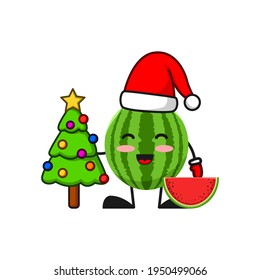 vector illustration of cute watermelon fruit christmas or character holding tree. cute watermelon fruit Concept White Isolated. Flat Cartoon Style Suitable for Landing Page, Banner, Flyer, Sticker.