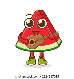 vector illustration of cute watermelon fruit music or character playing guitar. cute watermelon fruit Concept White Isolated. Flat Cartoon Style Suitable for Landing Page, Banner, Flyer, Sticker.