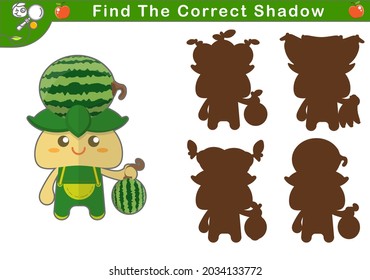 vector illustration of a cute watermelon mascot. Find the correct shadow, educational game for kids. set of cute fruit mascot. chibi cartoon. games suitable for kindergarten children, preschool, etc.