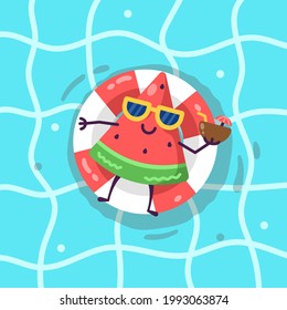 Vector illustration of a cute watermelon swimming. Vector illustration of fruits with summer theme. Hello summer. Flat style.