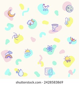 Vector illustration of a cute weather and weather cast. Collection of sunny, partly sunny, raining, snowing, cloudy, rainbow, weather forecast, rain and other elements. Isolated on beige.