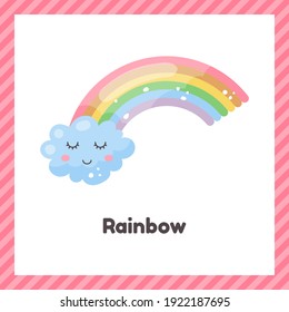 Vector illustration. Cute weather rainbow for kids. Flash card for learning with children in preschool, kindergarten and school.