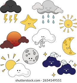 Vector Illustration of Cute Weather and Sky Elements Set