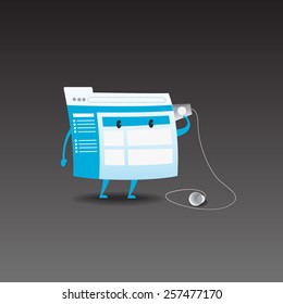 vector illustration of cute web-page  character listening a paper cup on black background, 
